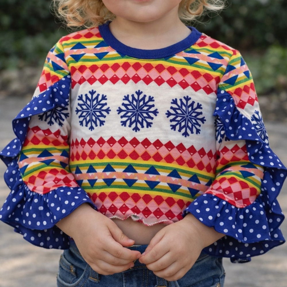 Matilda Jane Colorful Snowflake Top with Blue Ruffle Sleeves
